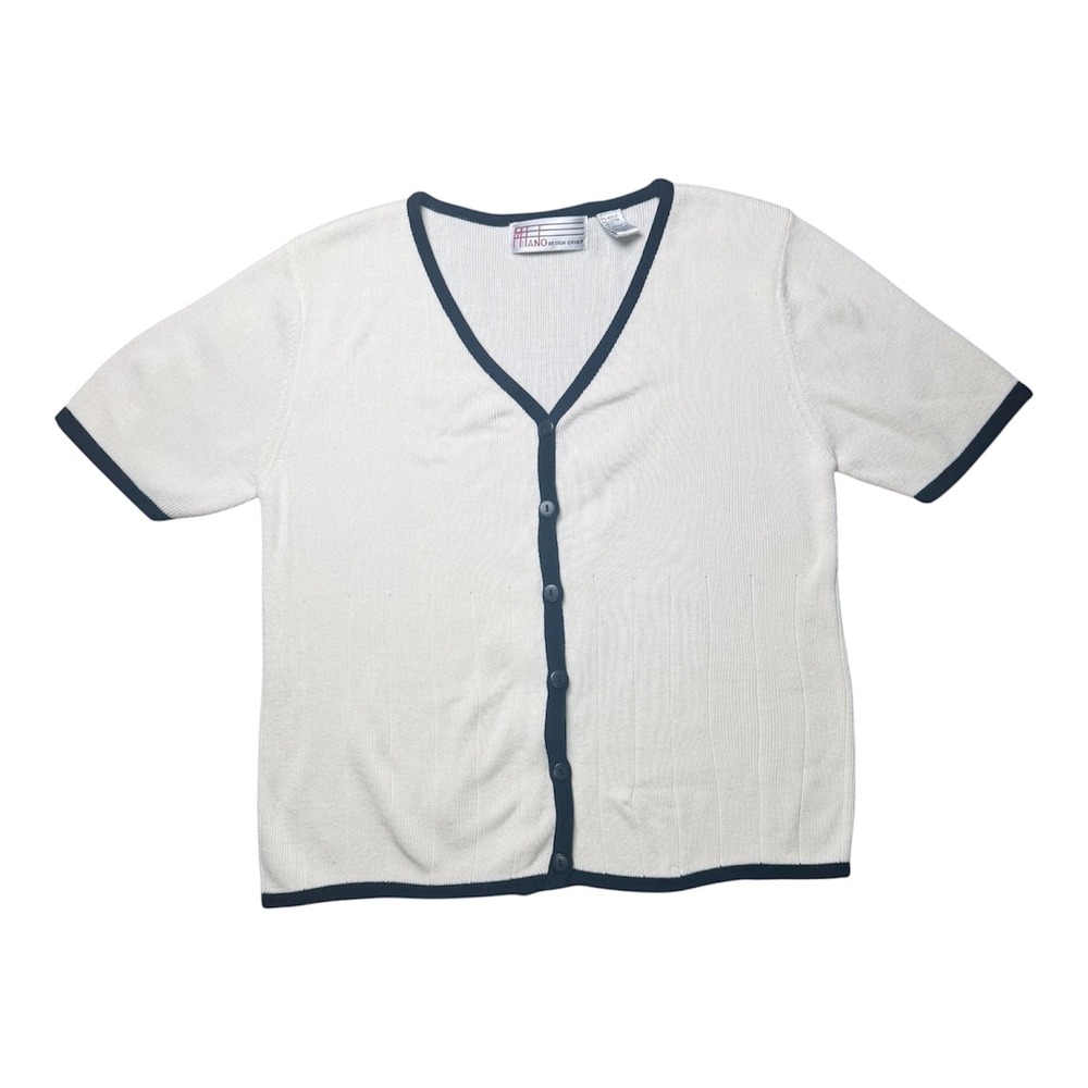 Milano Design Group White Short Sleeve‎ Cardigan V-Neck Contrast Trim Small